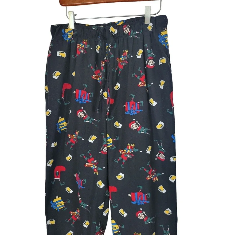 Club Room Mens Holiday Pajama Pants M Black Elf Present‎ Beer Print Pockets